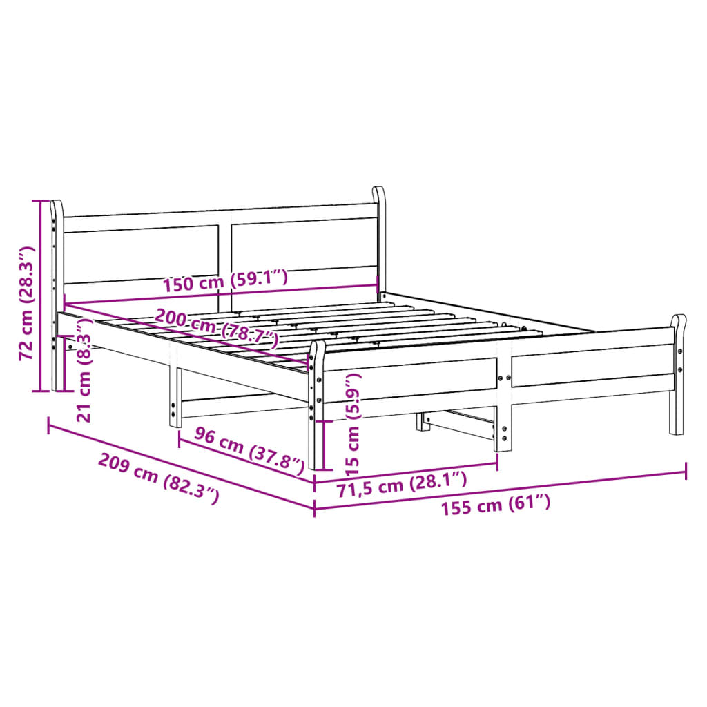 vidaXL Bed Frame without Mattress 150x200 cm King Size Solid Wood Pine