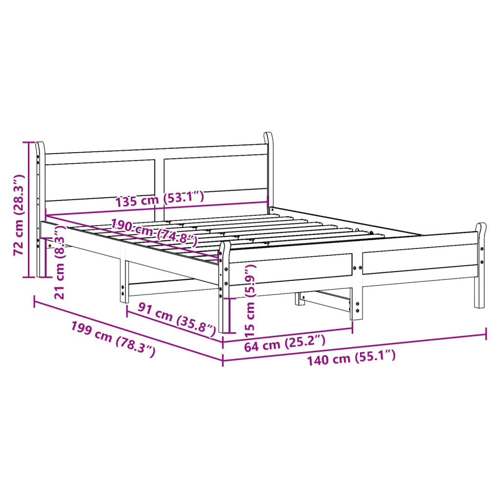 vidaXL Bed Frame without Mattress 135x190 cm Double Solid Wood Pine