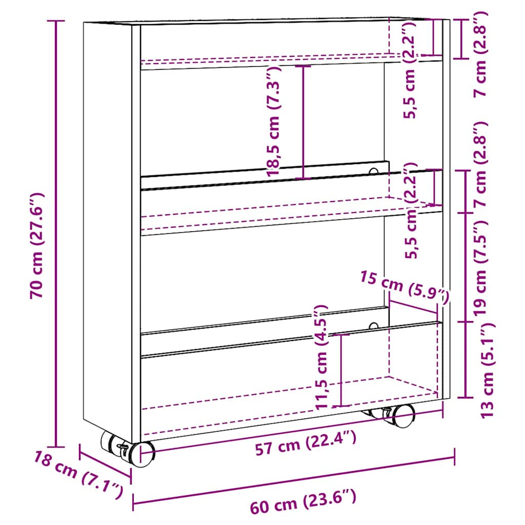 vidaXL Narrow Storage Trolley 3 Tier Concrete Grey Engineered Wood