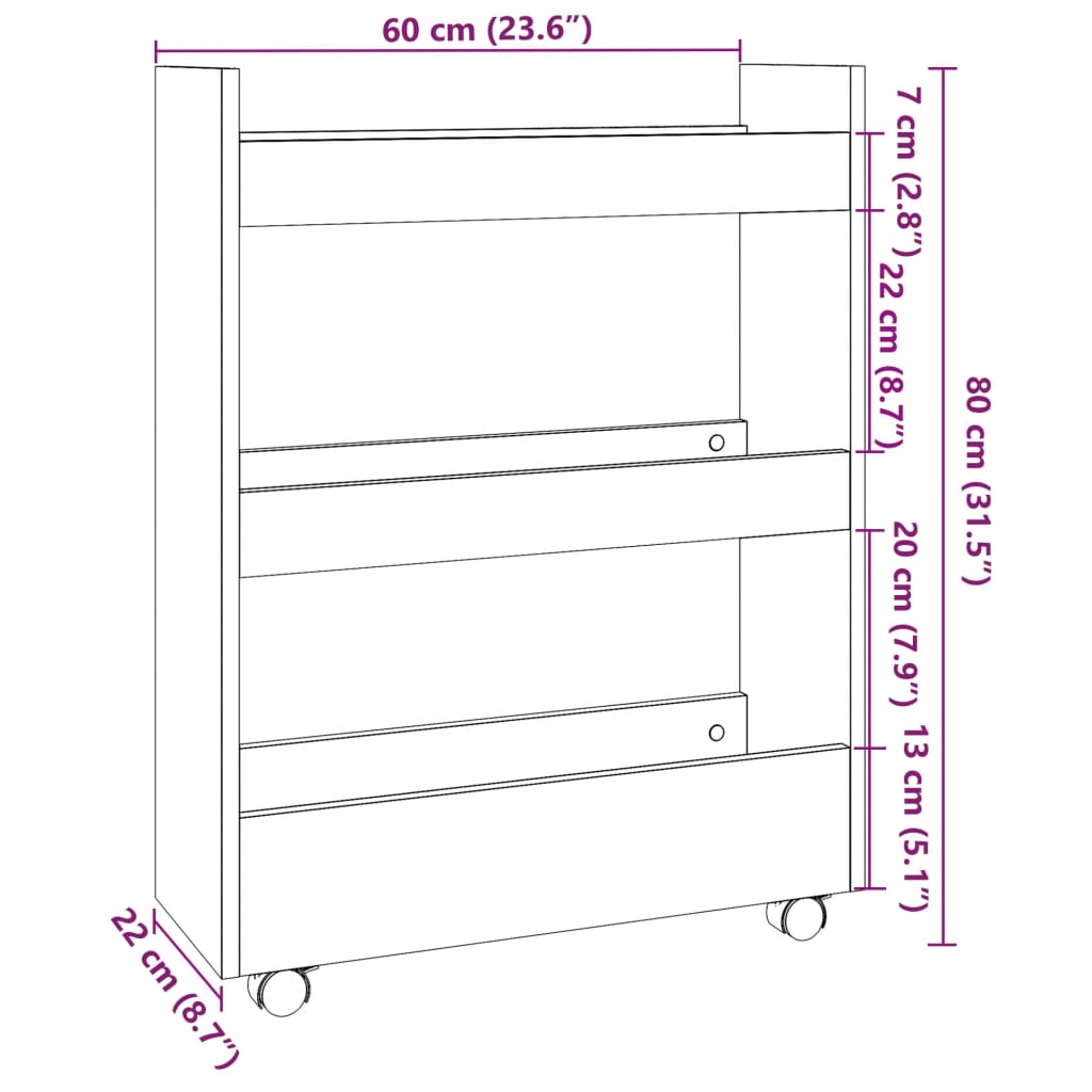 vidaXL Narrow Storage Trolley 3 Tier Sonoma Oak Engineered Wood