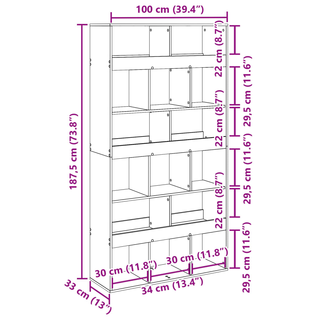 vidaXL Bookcase Smoked Oak 100x33x187,5 cm Engineered Wood