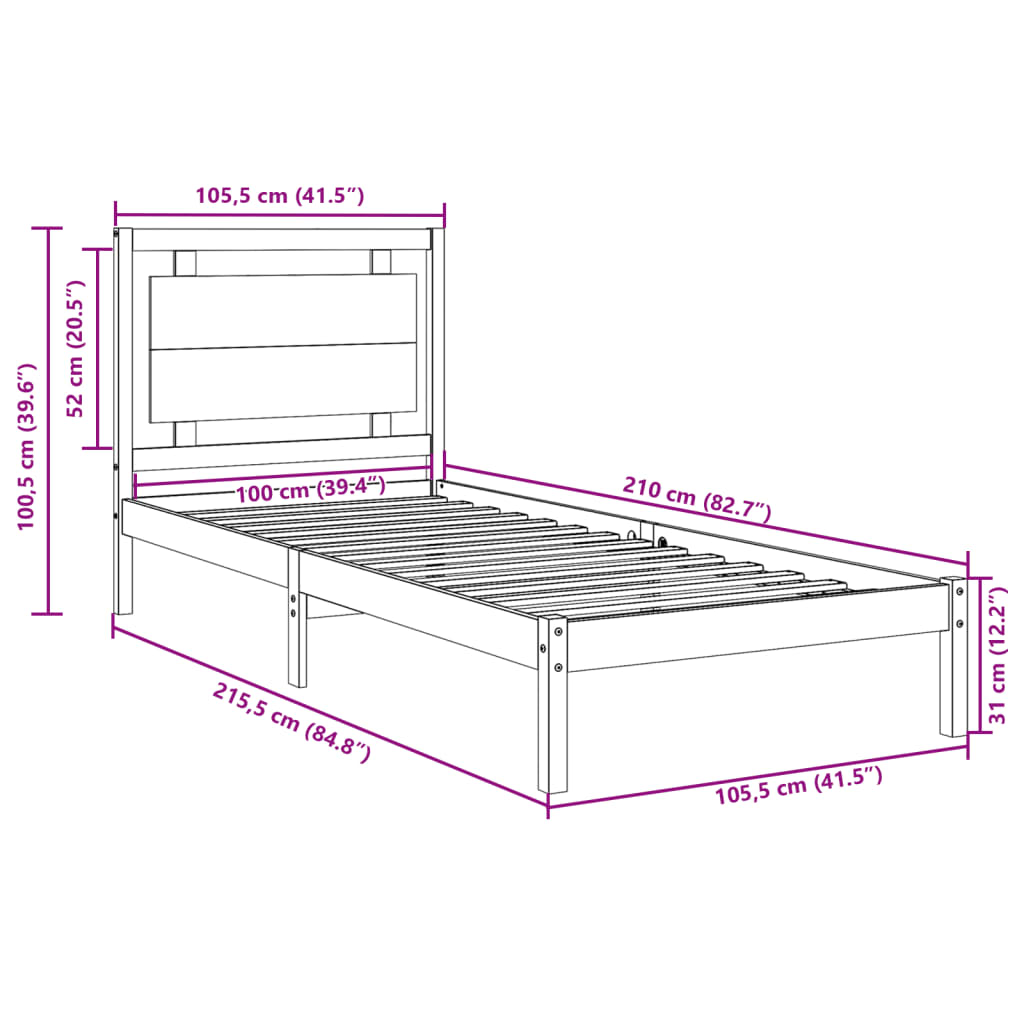 vidaXL Extra Long Bed Frame without Mattress 100x210 cm Solid Wood