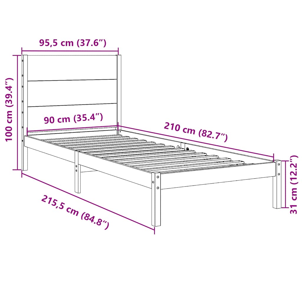 vidaXL Extra Long Bed Frame without Mattress 90x210 cm Solid Wood