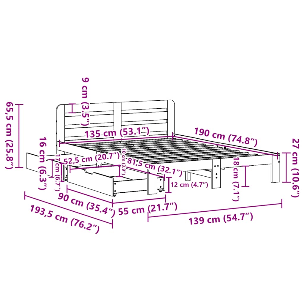 vidaXL Bed Frame without Mattress 135x190 cm Double Solid Wood Pine