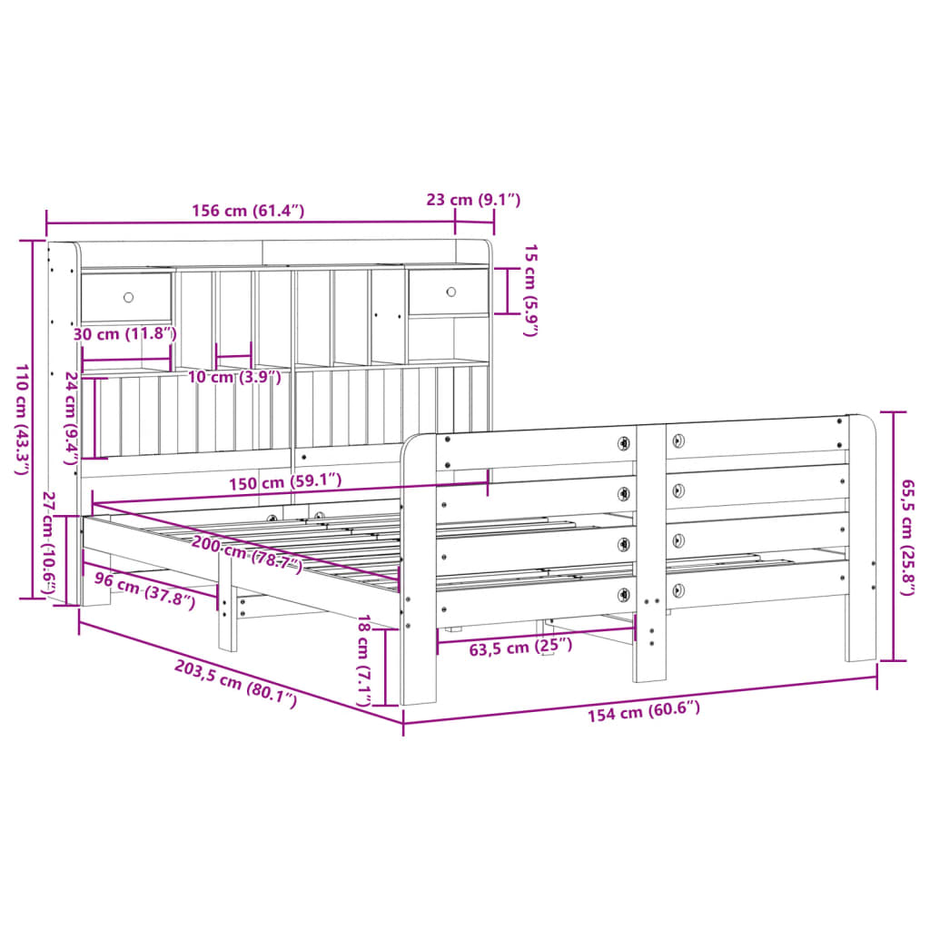 vidaXL Bookcase Bed without Mattress White 150x200 cm King Size Solid Wood Pine