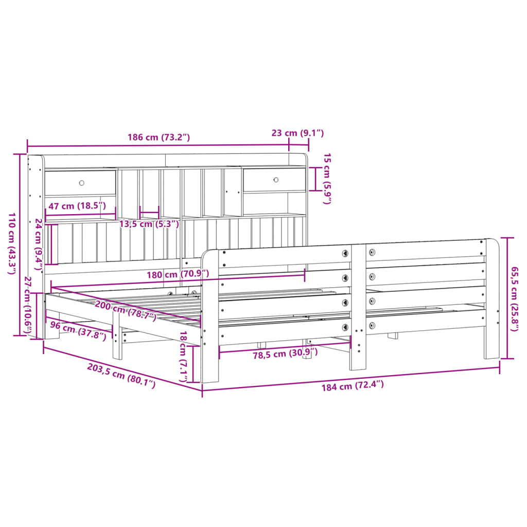 vidaXL Bookcase Bed without Mattress White 180x200 cm Super King Solid Wood Pine