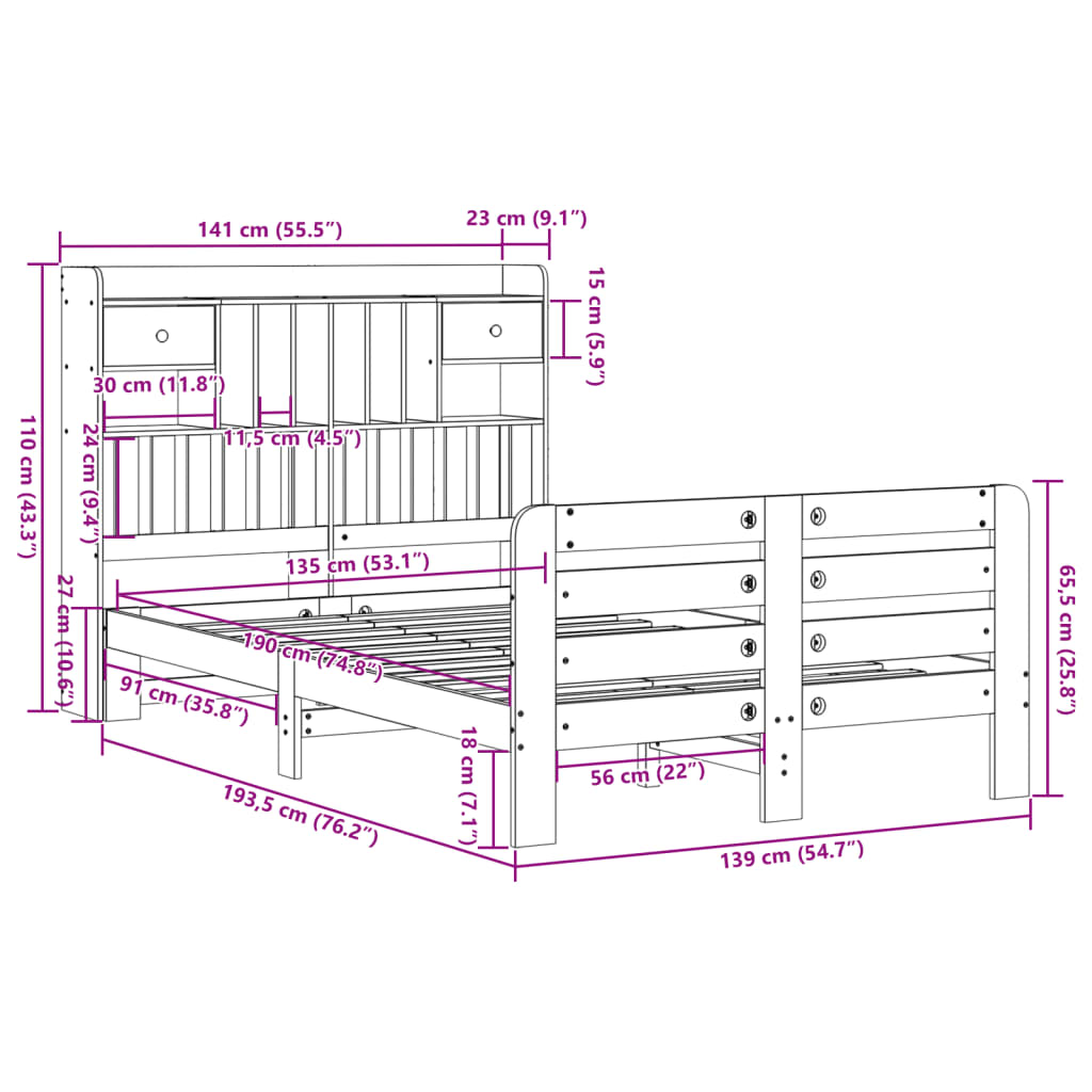 vidaXL Bookcase Bed without Mattress 135x190 cm Double Solid Wood Pine