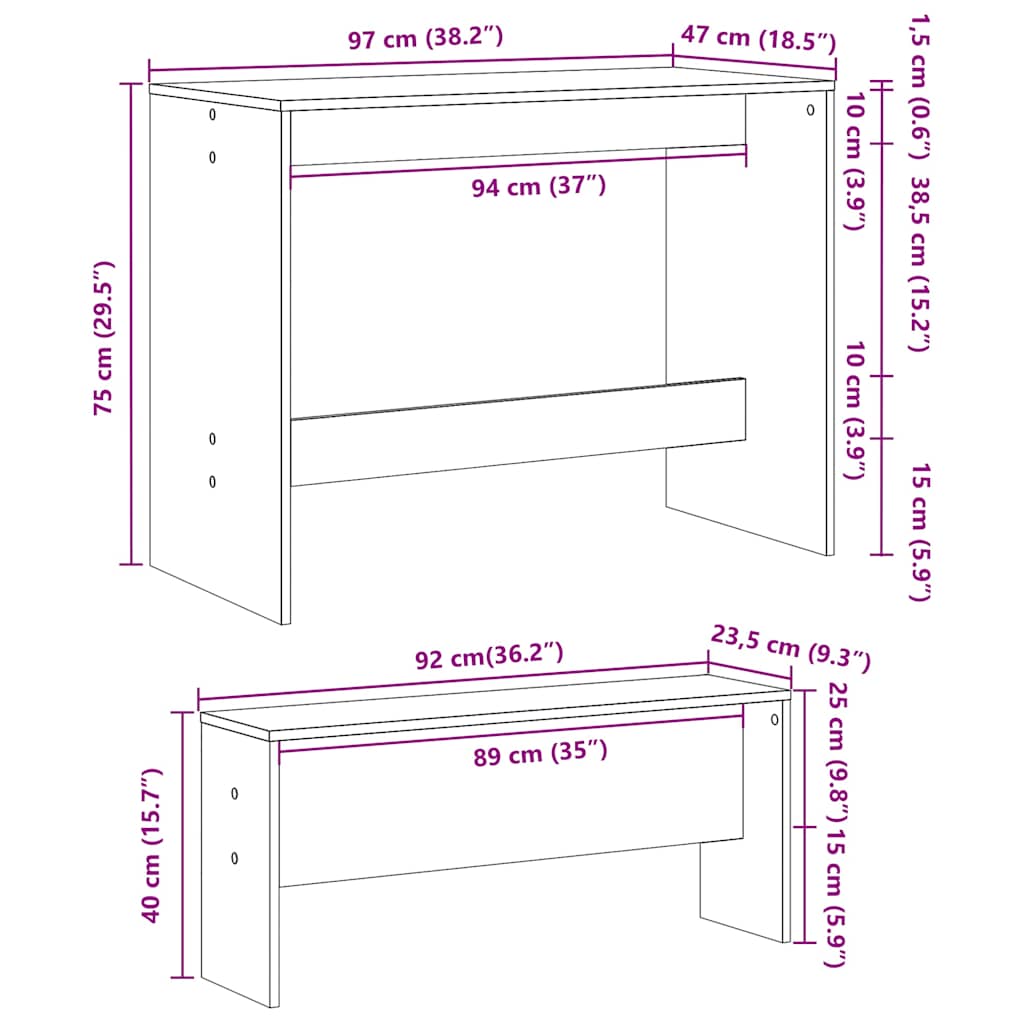 vidaXL 3 Piece Dining Table and Bench set White Engineered Wood
