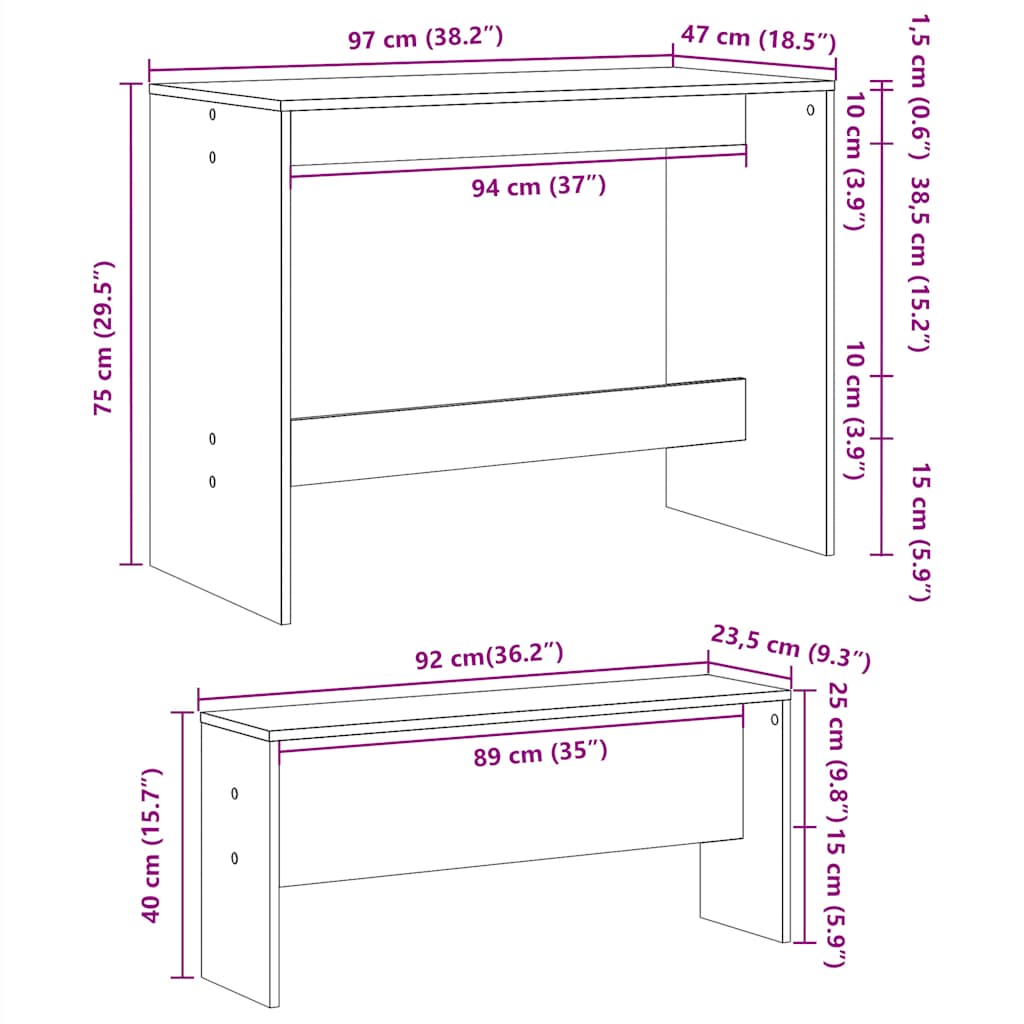 vidaXL 3 Piece Dining Table and Bench set White Engineered Wood