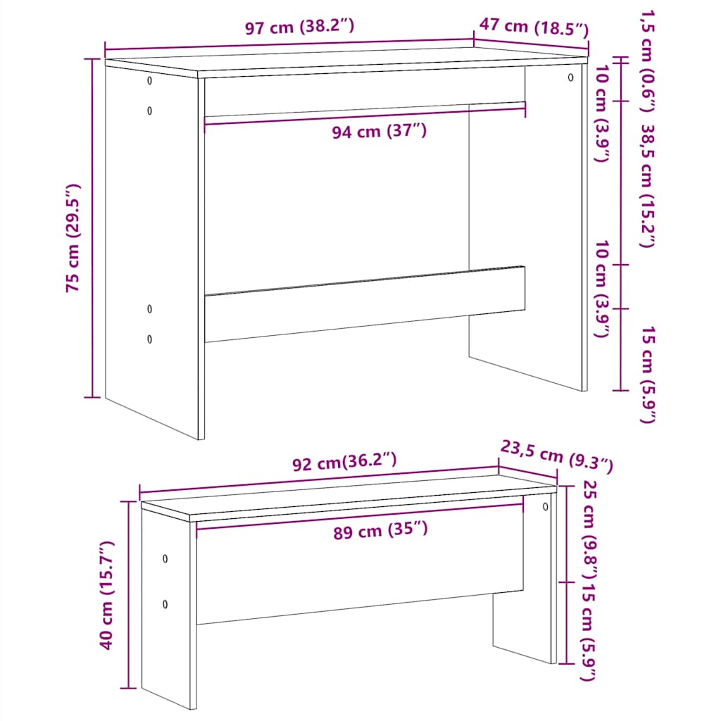 vidaXL 3 Piece Dining Table and Bench set High Gloss White Engineered Wood