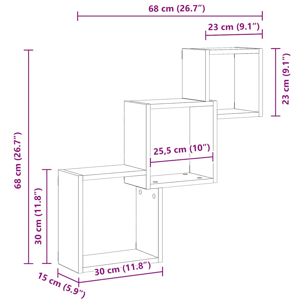 vidaXL Wall Cube Shelves Artisan Oak 68x15x68 cm Engineered Wood