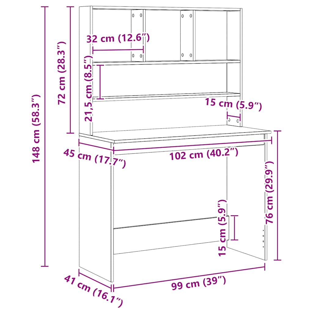 vidaXL Desk with Shelves Artisan Oak 102x45x148 cm Engineered Wood