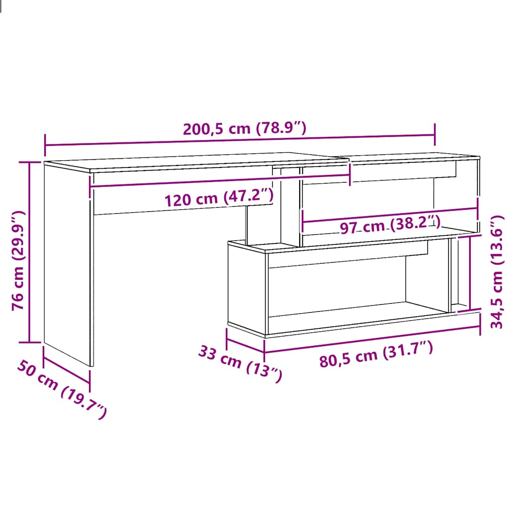 vidaXL Corner Desk Artisan Oak 200,5x50x76 cm Engineered Wood