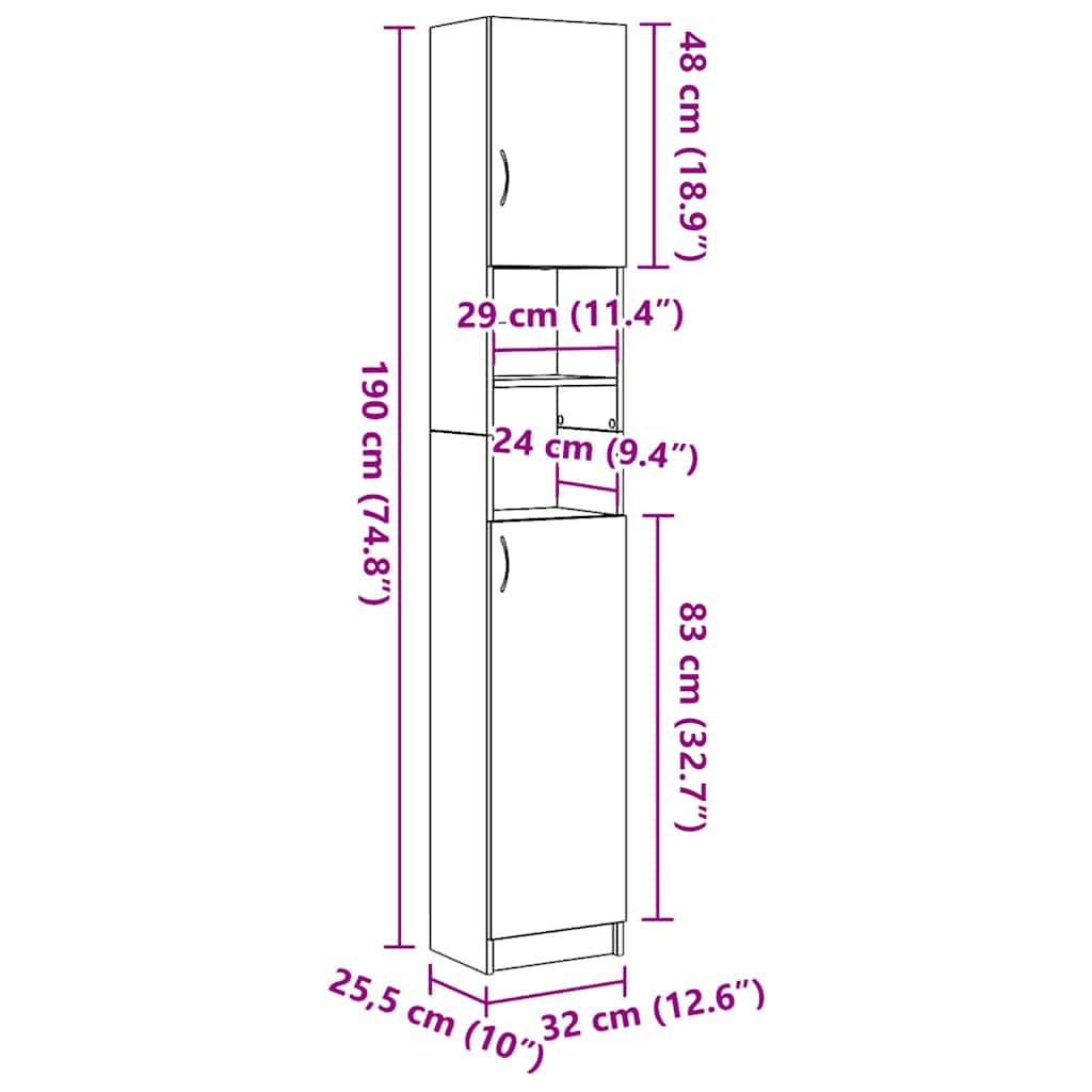 vidaXL Bathroom Cabinet Old Wood 32x25,5x190 cm Engineered Wood