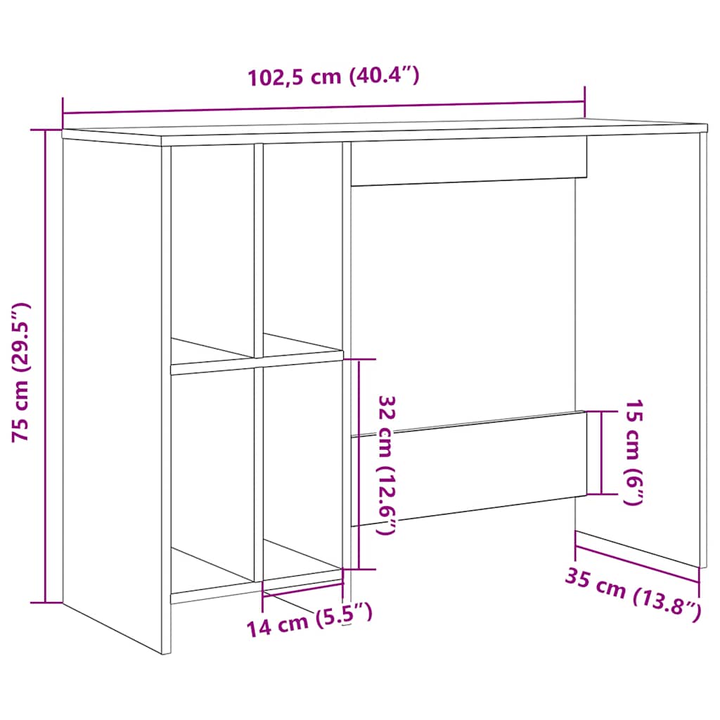 vidaXL Desk Old Wood 102,5x35x75 cm Engineered Wood