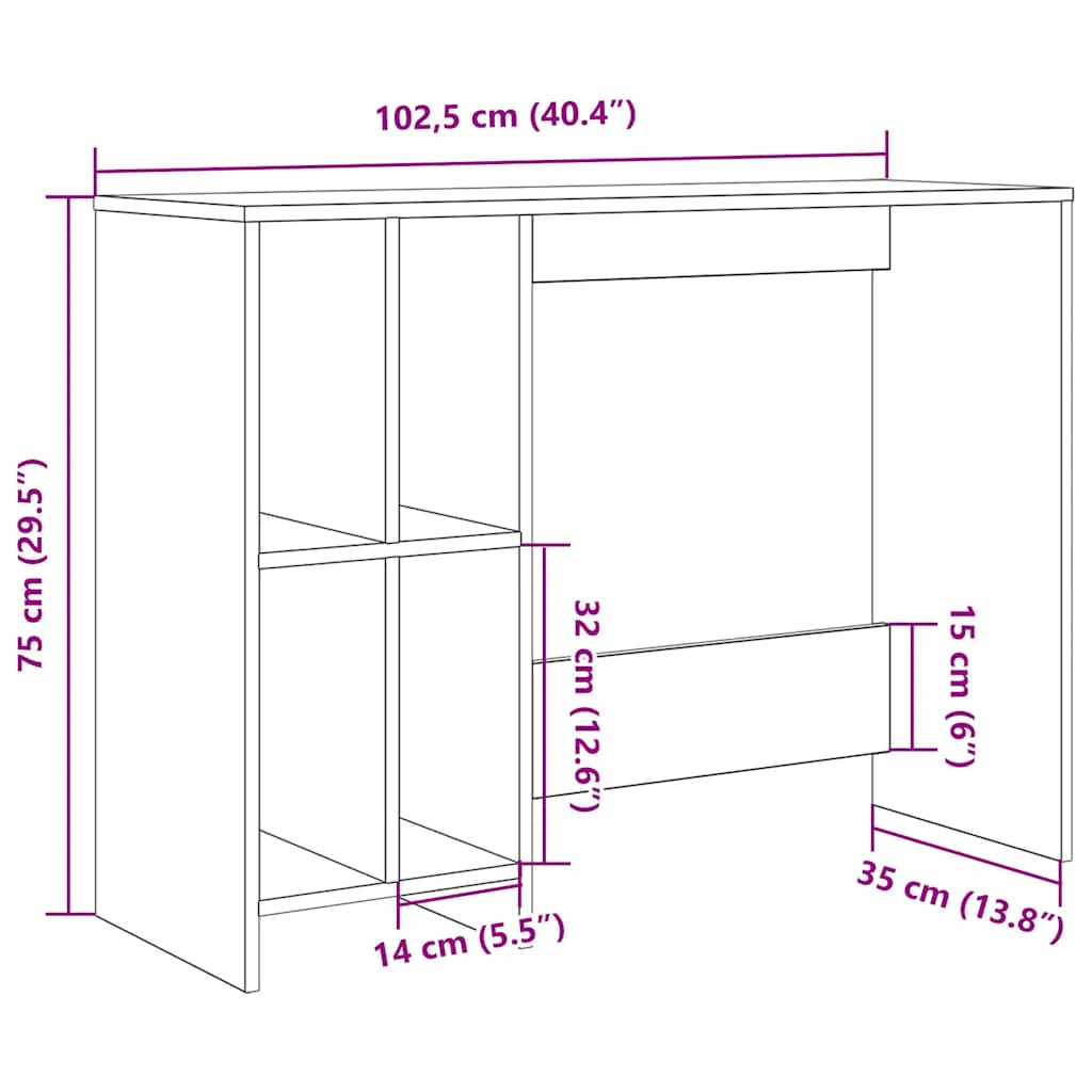 vidaXL Desk Artisan Oak 102,5x35x75 cm Engineered Wood