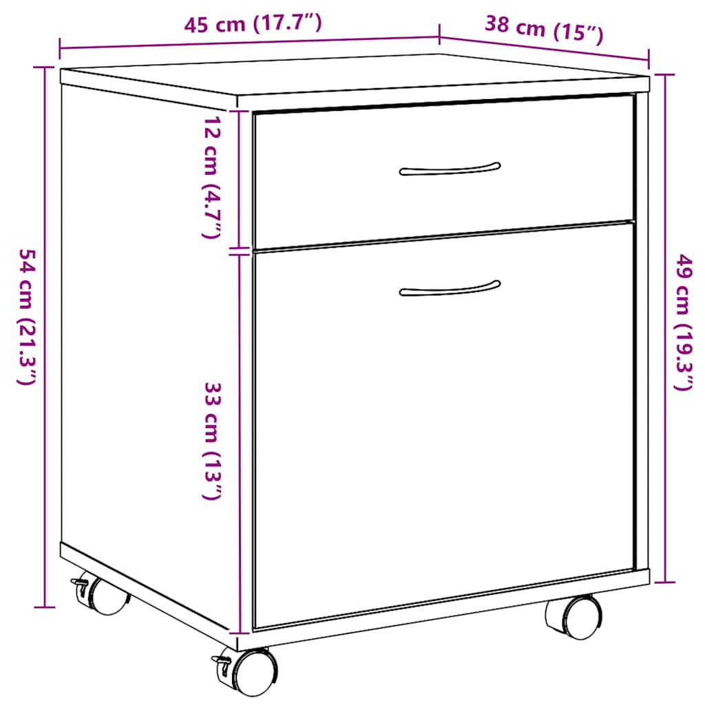vidaXL Rolling Cabinet Artisan Oak 45x38x54 cm Engineered Wood