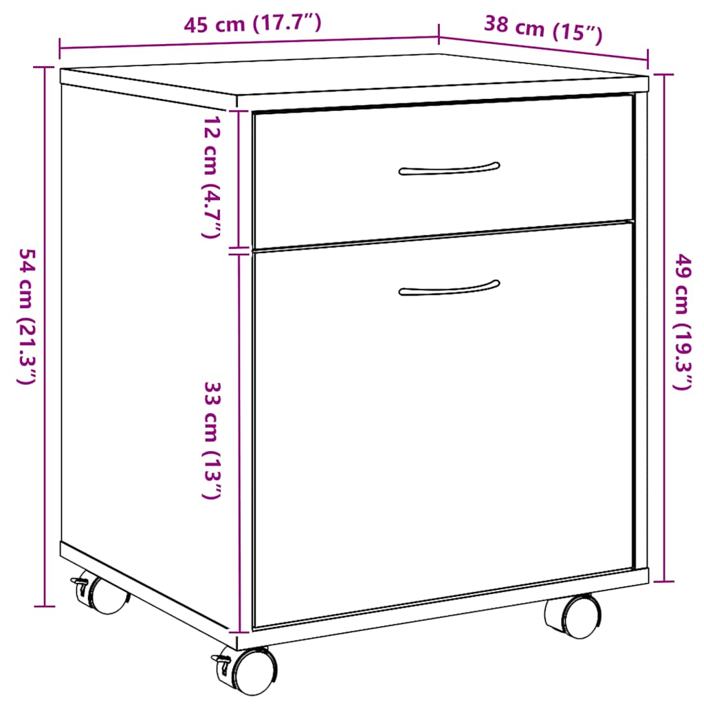 vidaXL Rolling Cabinet Artisan Oak 45x38x54 cm Engineered Wood