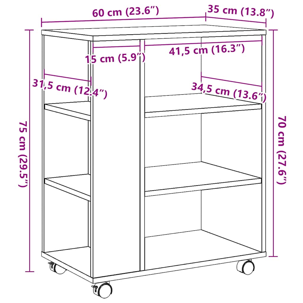 vidaXL Rolling Cabinet Old Wood 60x35x75 cm Engineered Wood