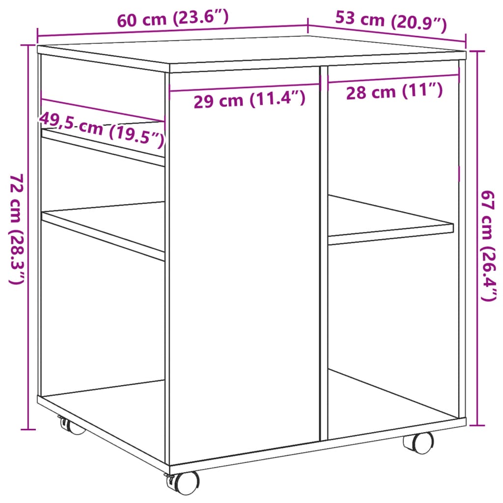 vidaXL Rolling Cabinet Old Wood 60x53x72 cm Engineered Wood