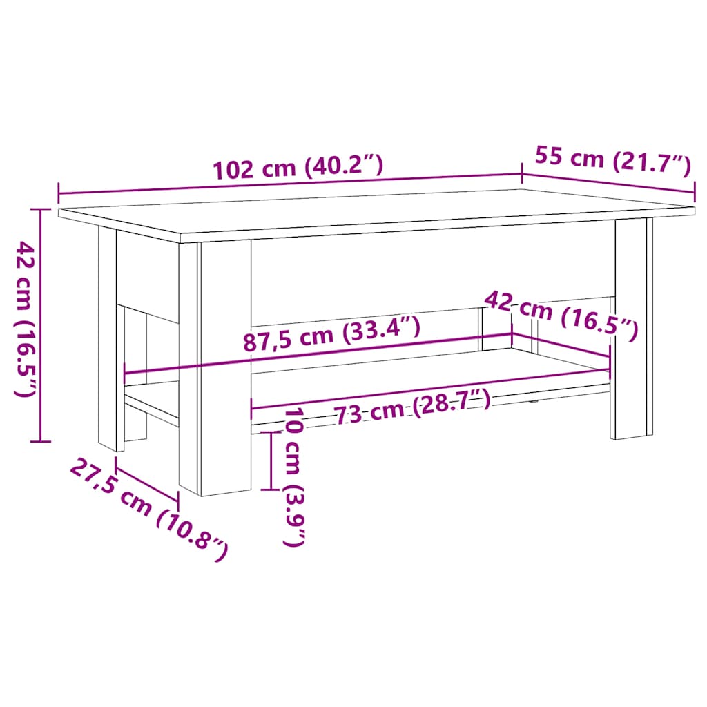 vidaXL Coffee Table Artisan Oak 102x55x42 cm Engineered Wood
