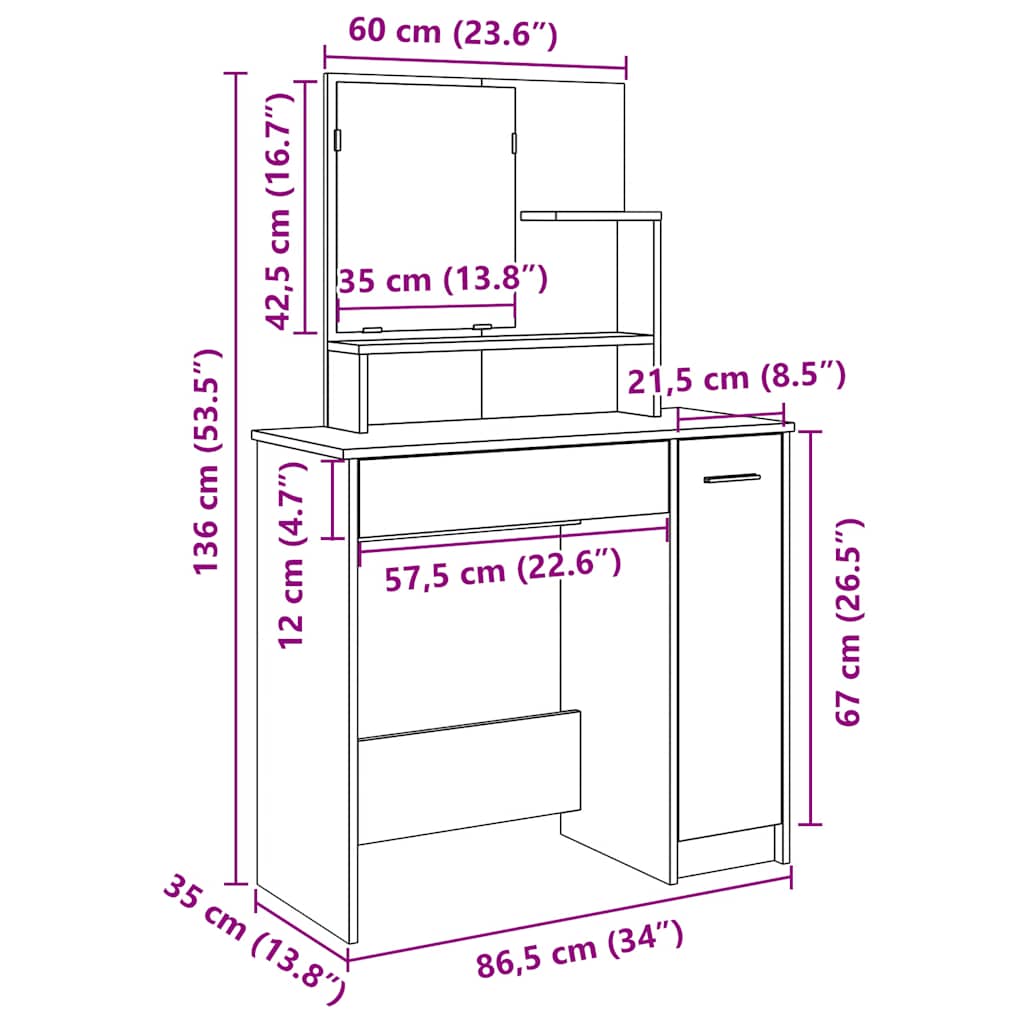 vidaXL Dressing Table with Mirror Old Wood 86,5x35x136 cm