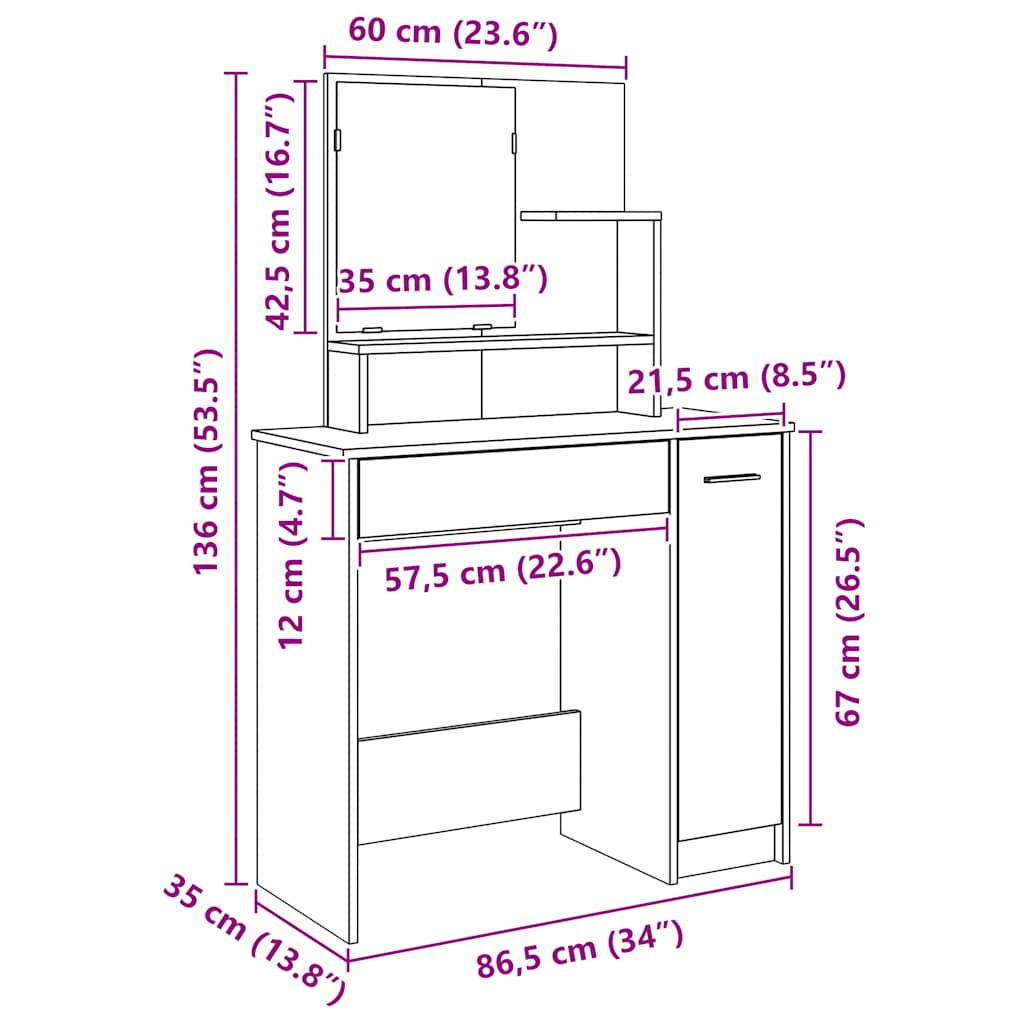 vidaXL Dressing Table with Mirror Artisan Oak 86,5x35x136 cm