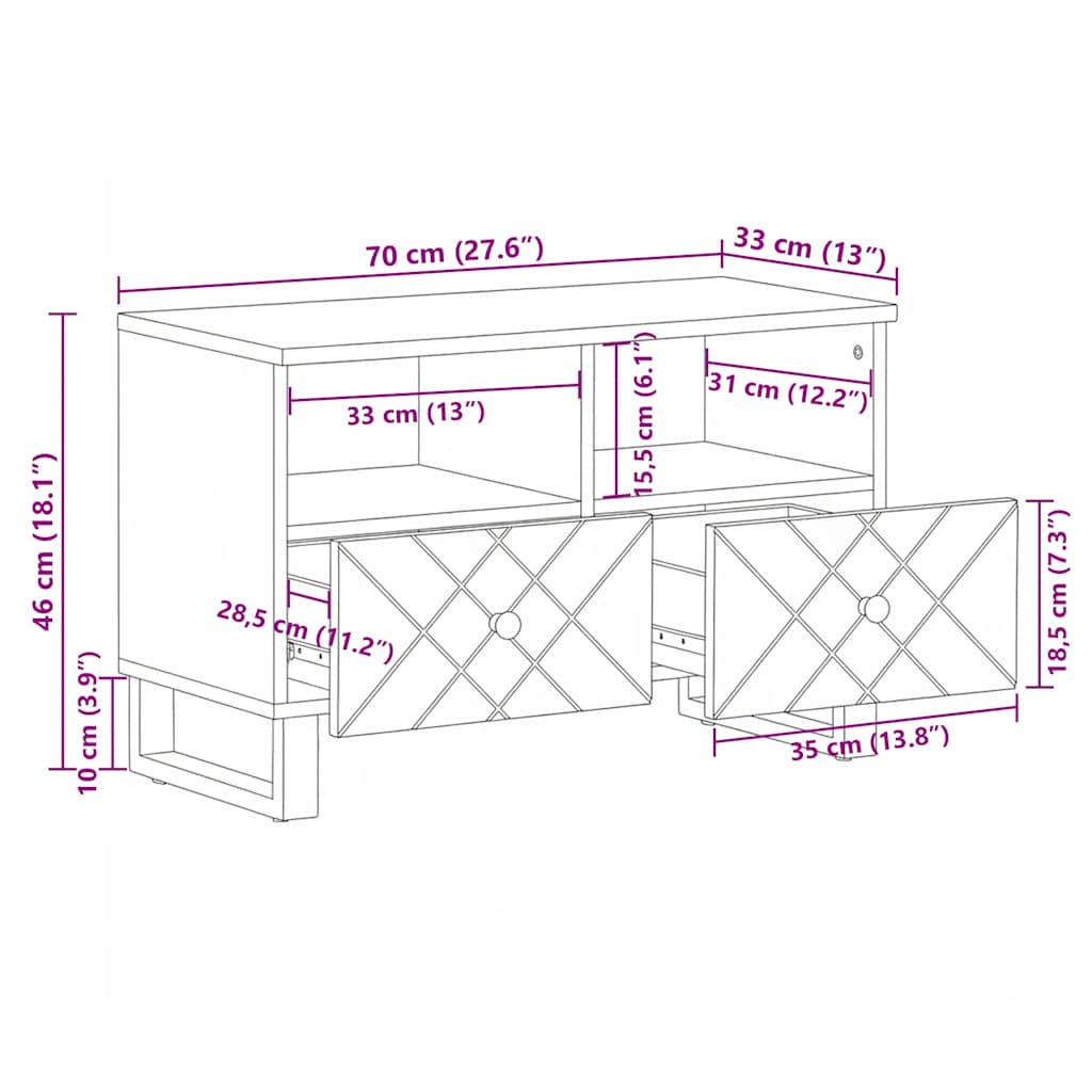 vidaXL TV Cabinet Black 70x33x46 cm Solid Wood Mango