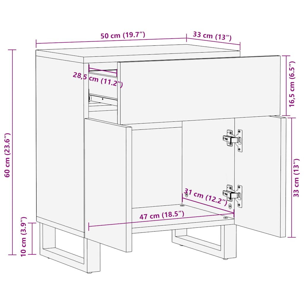 vidaXL Bedside Cabinet Black 50x33x60 cm Solid Wood Mango