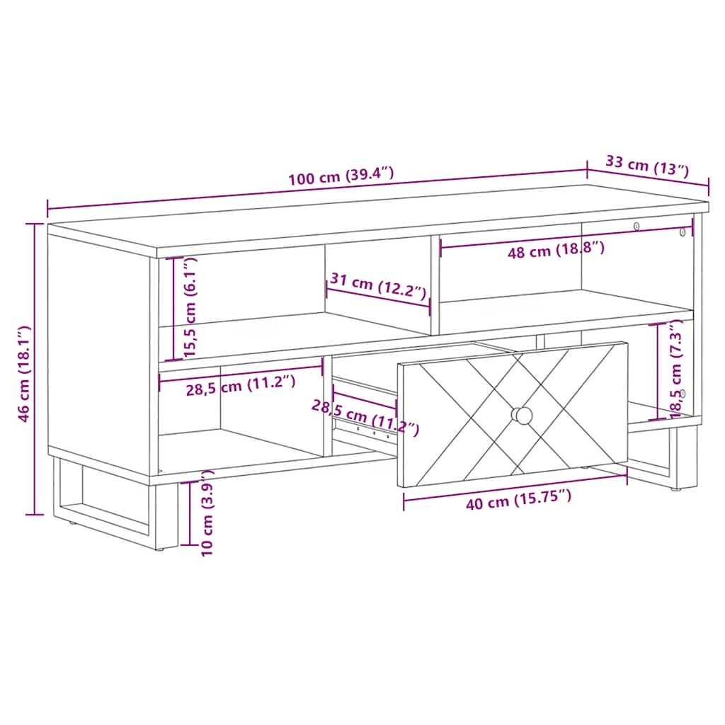 vidaXL TV Cabinet Black 100x33x46 cm Solid Wood Mango