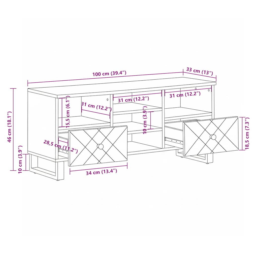 vidaXL TV Cabinet Black 100x33x46 cm Solid Wood Mango