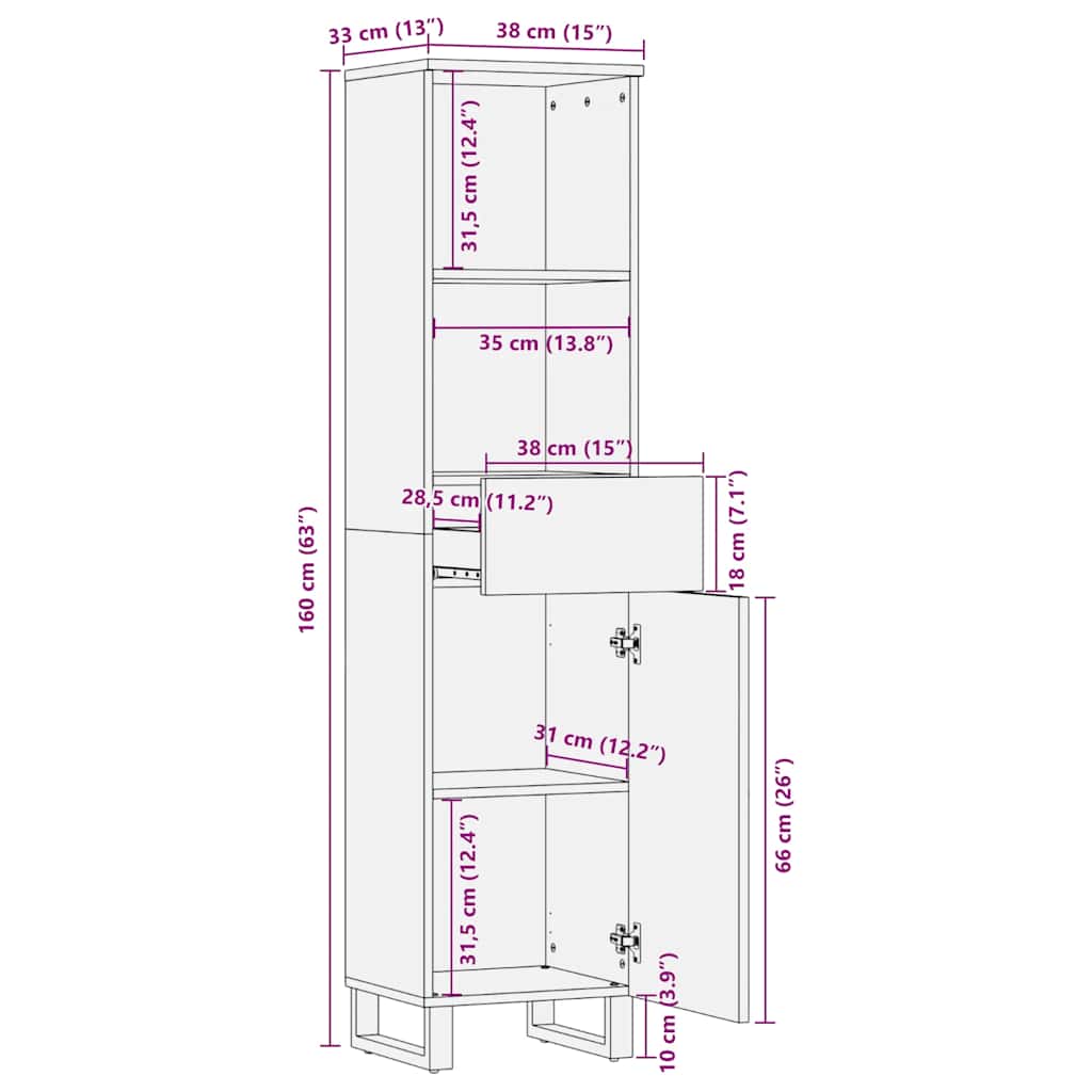 vidaXL Bathroom Cabinet Black 38x33x160 cm Solid Wood Mango