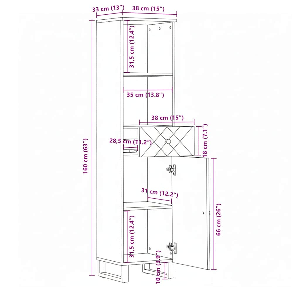 vidaXL Bathroom Cabinet Black 38x33x160 cm Solid Wood Mango