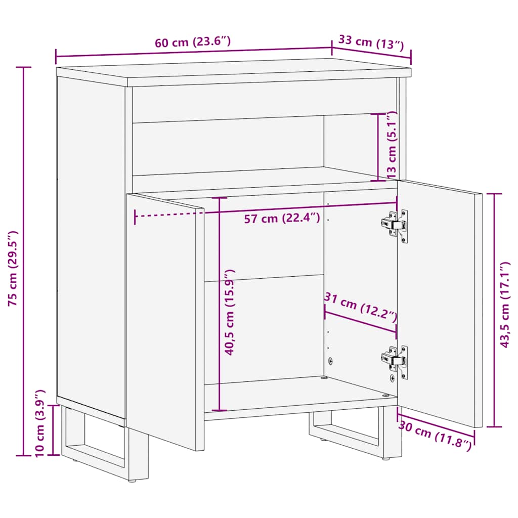 vidaXL Sideboard Black 60x33x75 cm Solid Wood Mango