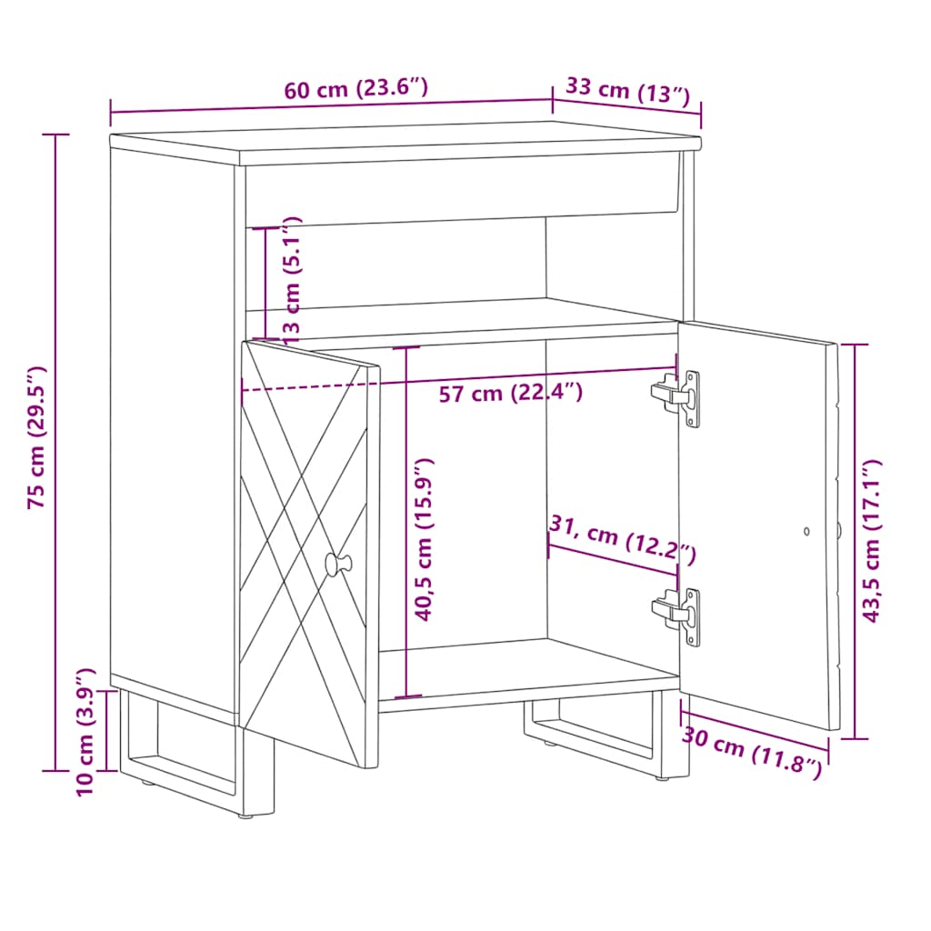 vidaXL Sideboard Black 60x33x75 cm Solid Wood Mango