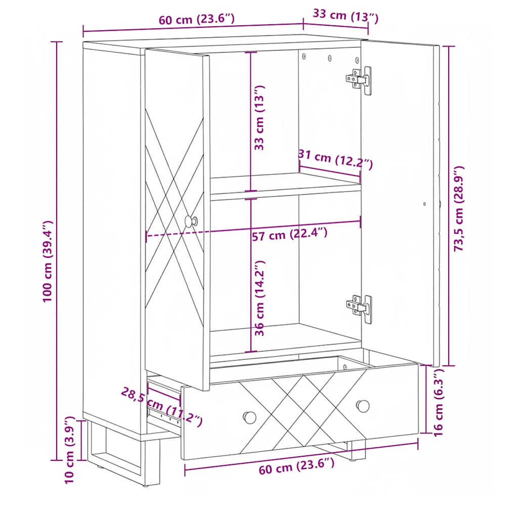 vidaXL Highboard Black 60x33x100 cm Solid Wood Mango