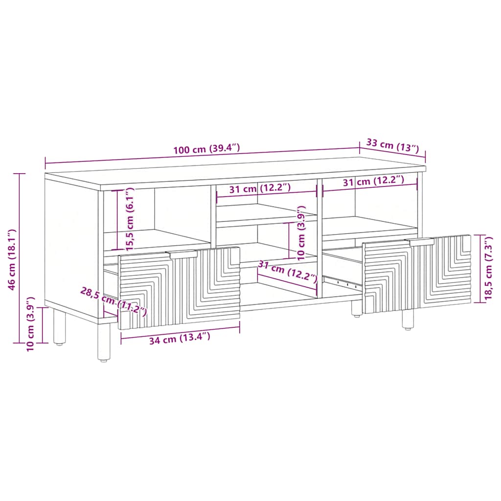vidaXL TV Cabinet Brown 100x33x46 cm Solid Wood Mango