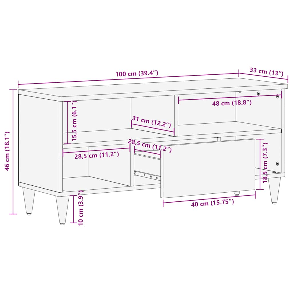 vidaXL TV Cabinet Black 100x33x46 cm Solid Wood Mango