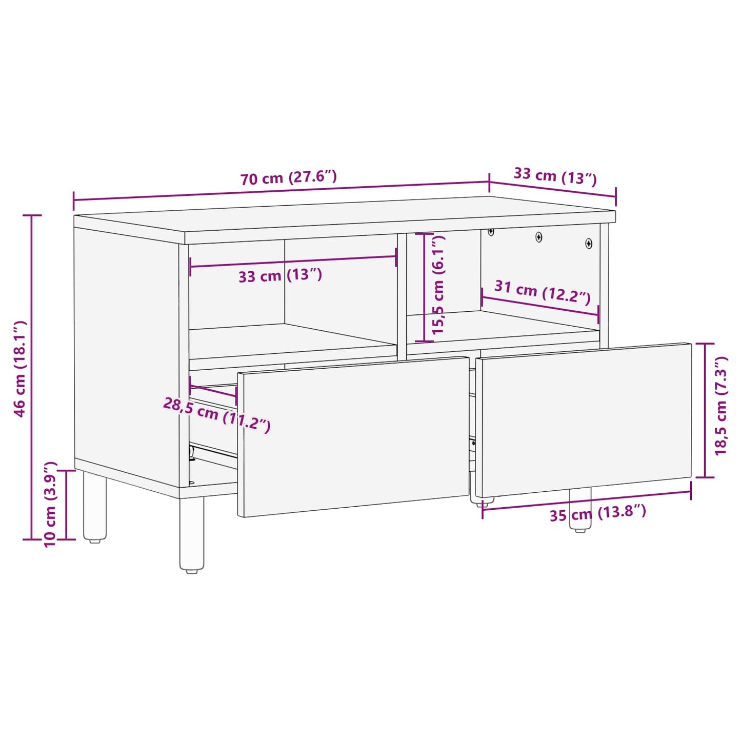 vidaXL TV Cabinet White Wash Finish 70 x 33 x 46 cm Solid Mango Wood