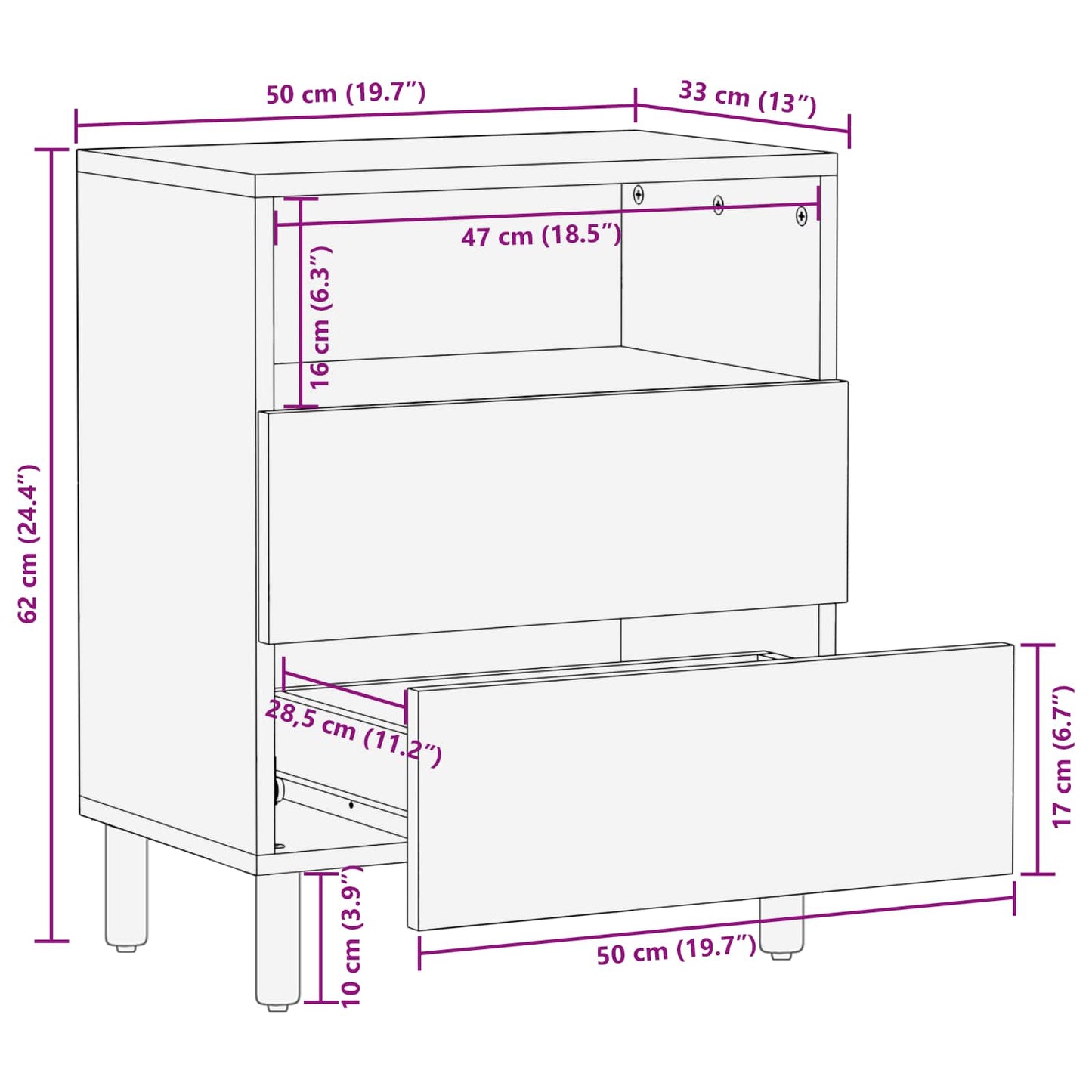 vidaXL Bedside Cabinet White 50 x 33 x 60 cm Solid Mango Wood