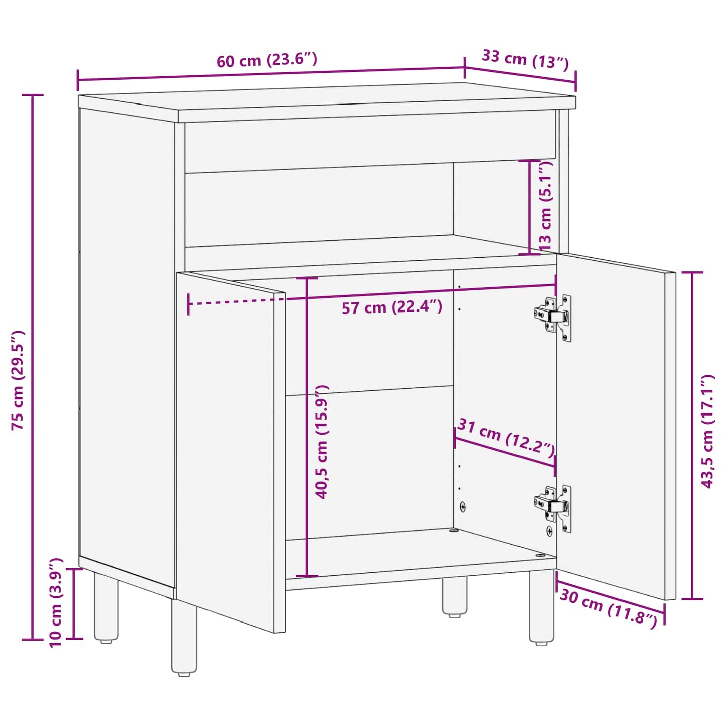 vidaXL Sideboard White Wash Finish 60 x 33 x 75 cm Solid Mango Wood