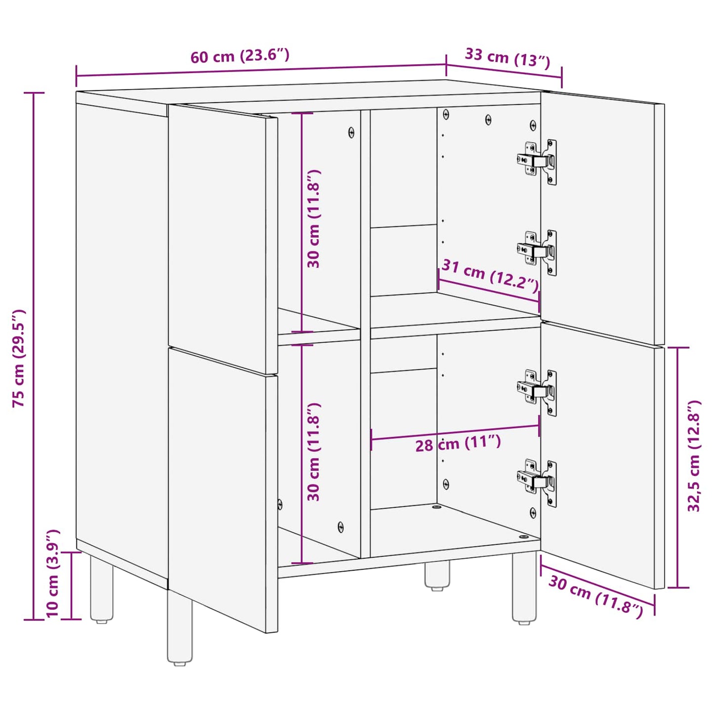 vidaXL Sideboard White Wash Finish 60 x 33 x 75 cm Solid Mango Wood