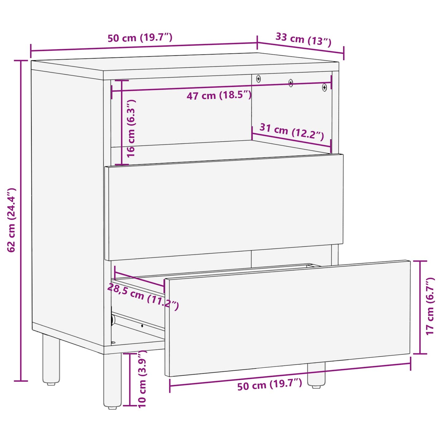 vidaXL Bedside Cabinet Brown 50 x 33 x 62 cm Solid Mango Wood