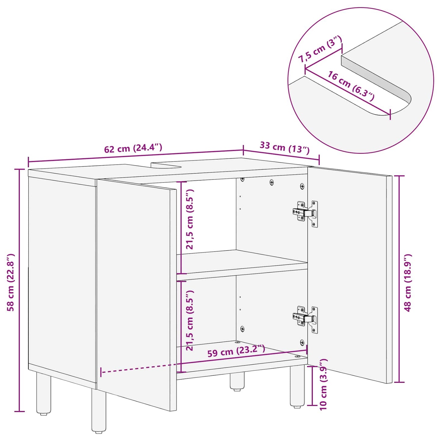 vidaXL Bathroom Sink Cabinet Brown 62 x 33 x 58 cm Solid Mango Wood