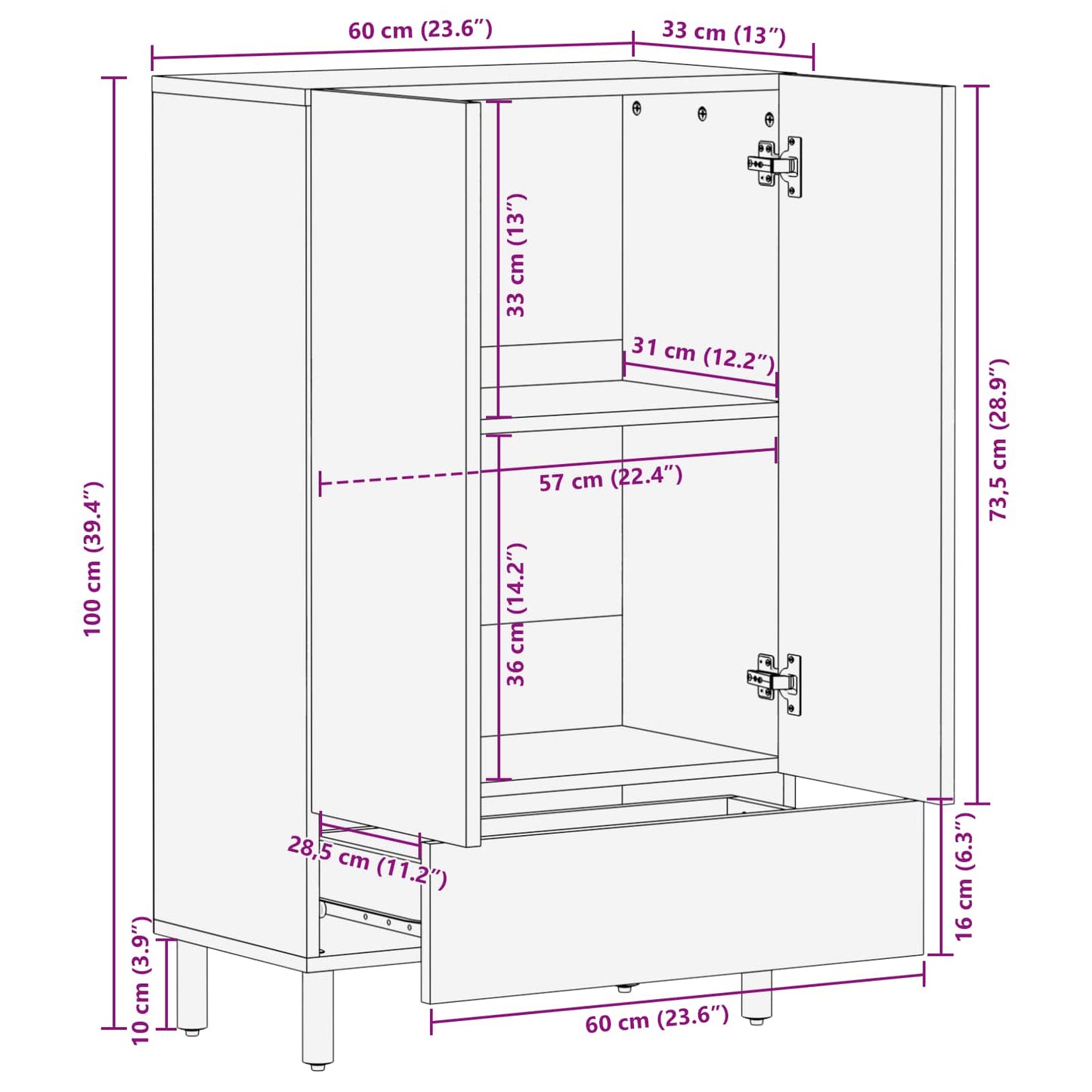 vidaXL Highboard Acacia Brown Finish 60 x 33 x 100 cm Solid Mango Wood