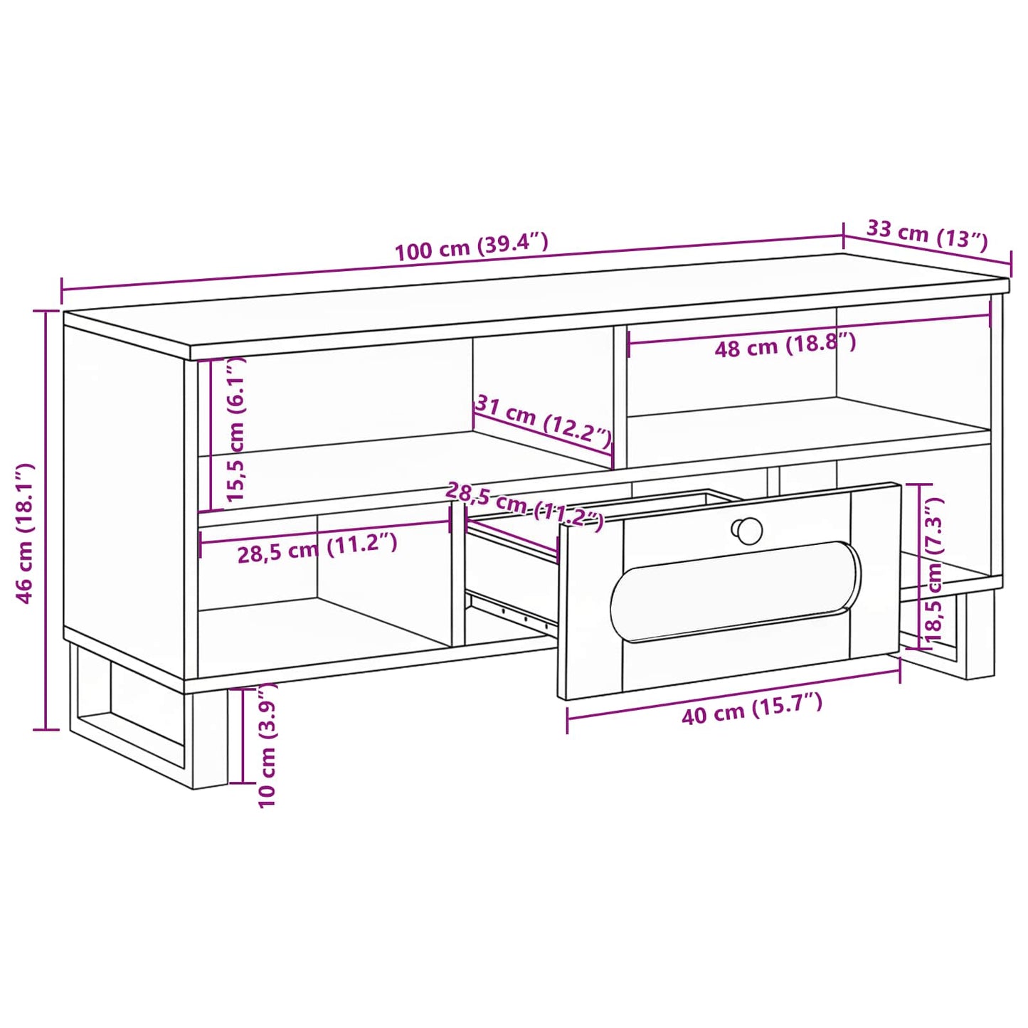 vidaXL TV Cabinet with Drawer Brown 100 x 33 x 46 cm Solid Mango Wood