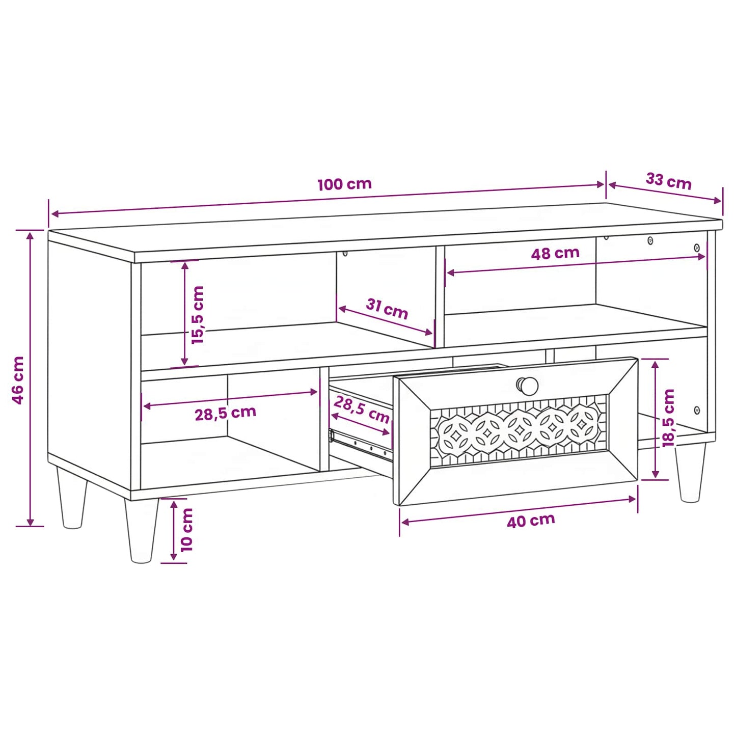 vidaXL TV Cabinet with Drawer 100 x 33 x 46 cm Solid Mango Wood