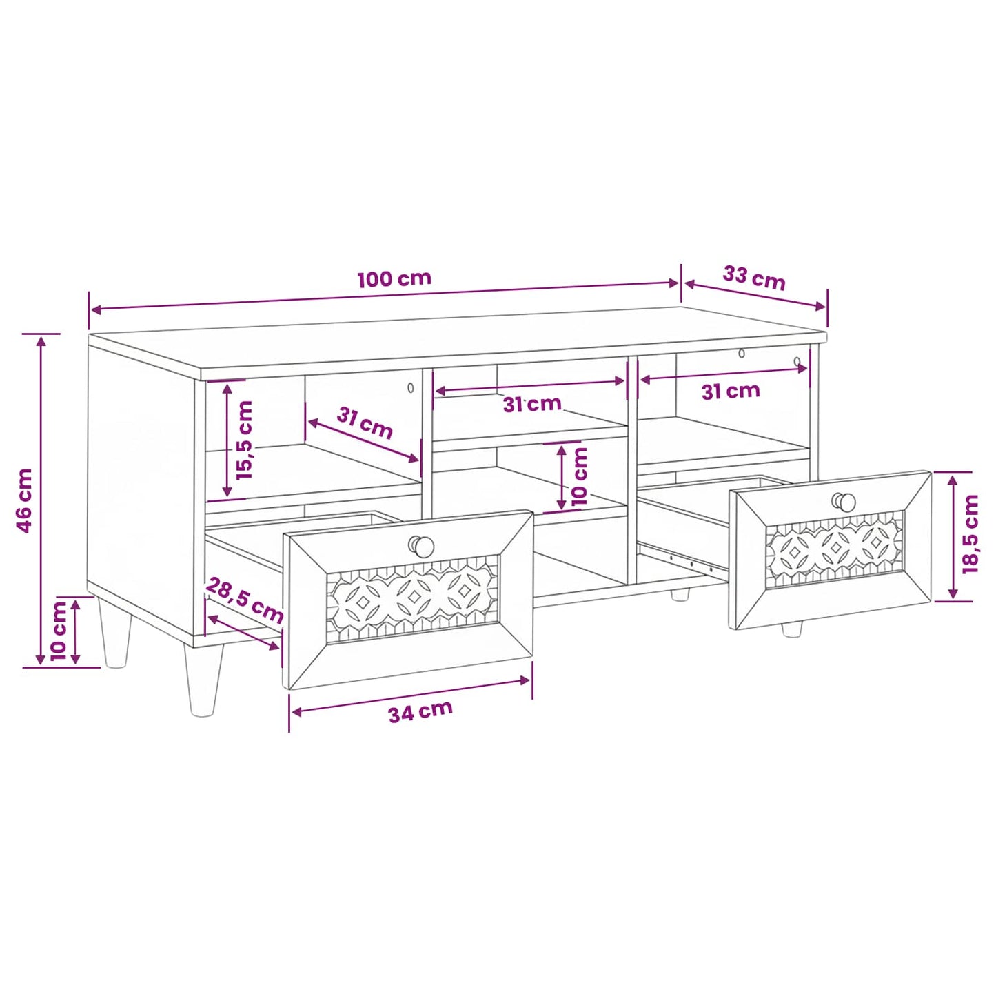 vidaXL TV Cabinet with Drawer 100 x 33 x 46 cm Solid Mango Wood