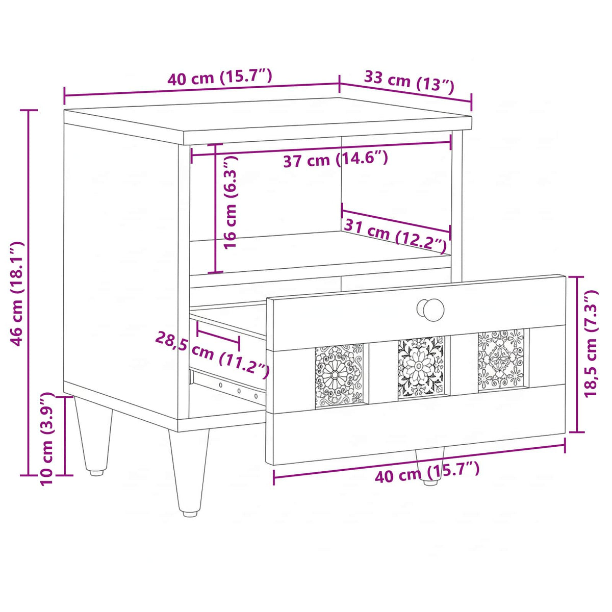 vidaXL Bedside Cabinet Brown 40 x 33 x 46 cm Solid Mango Wood