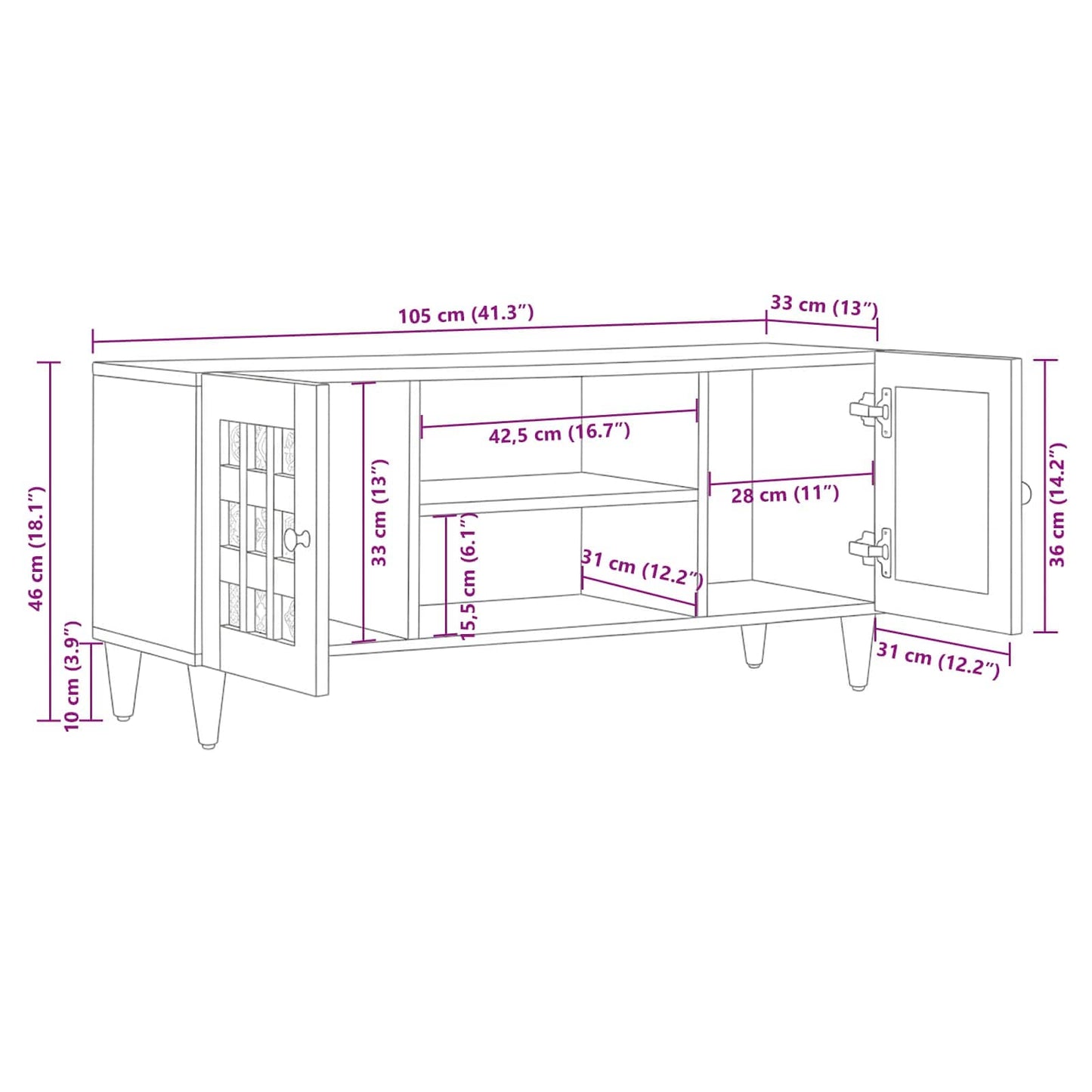 vidaXL TV Cabinet with Shelf Natural 105 x 33 x 46 cm Solid Mango Wood